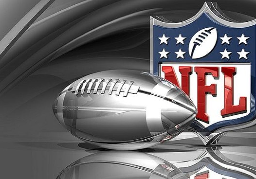 3d illustration of an NFL logo behind a transparent silver American football over a metallic silk background